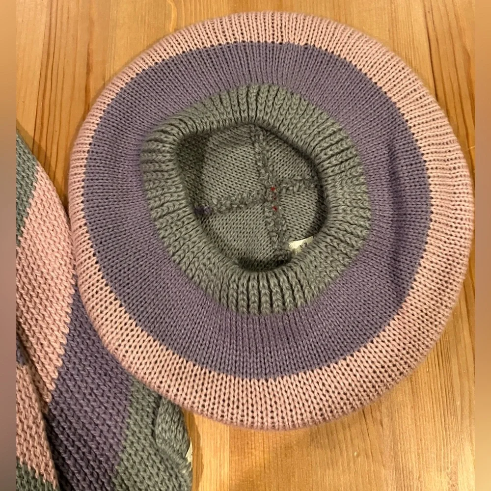 NWT Bonjour Beret Hat & Matching Striped Knit Scarf Set Purple, Pink & Grey